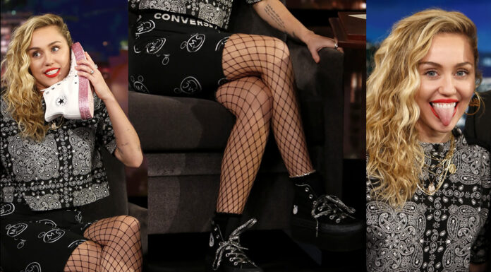 Miley Cyrus in Crossed Legs and Fishnet Stockings – Jimmy Kimmel Live May 1st 2018
