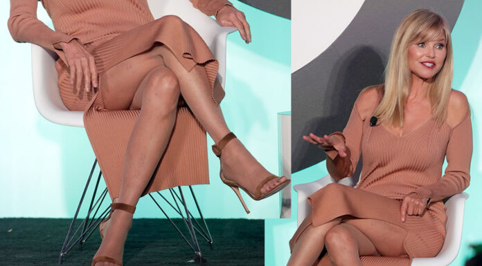 Christie Brinkley in Crossed Legs in Pantyhose at Advertising Week New York Conference
