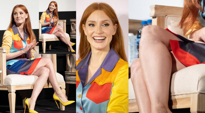 Jessica Chastain in Crossed Legs at TIFF Tribute Awards Press Conference in Toronto